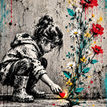 Bloem uit de Stoep Streetart: een kind hurkt bij een wilde bloem die door een scheur in de stoep groeit