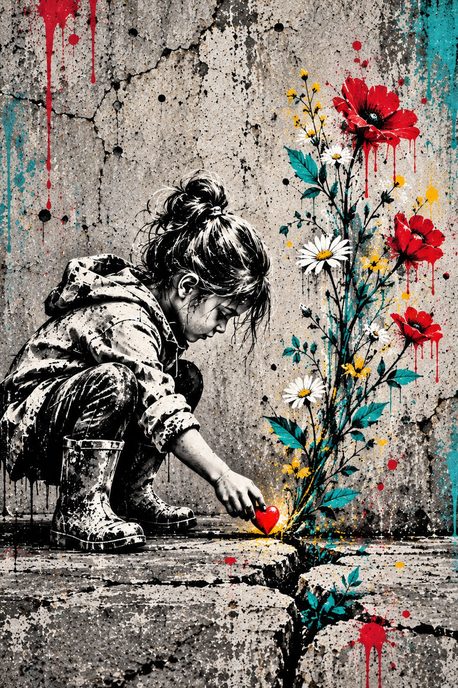 Bloem uit de Stoep Streetart: een kind hurkt bij een wilde bloem die door een scheur in de stoep groeit