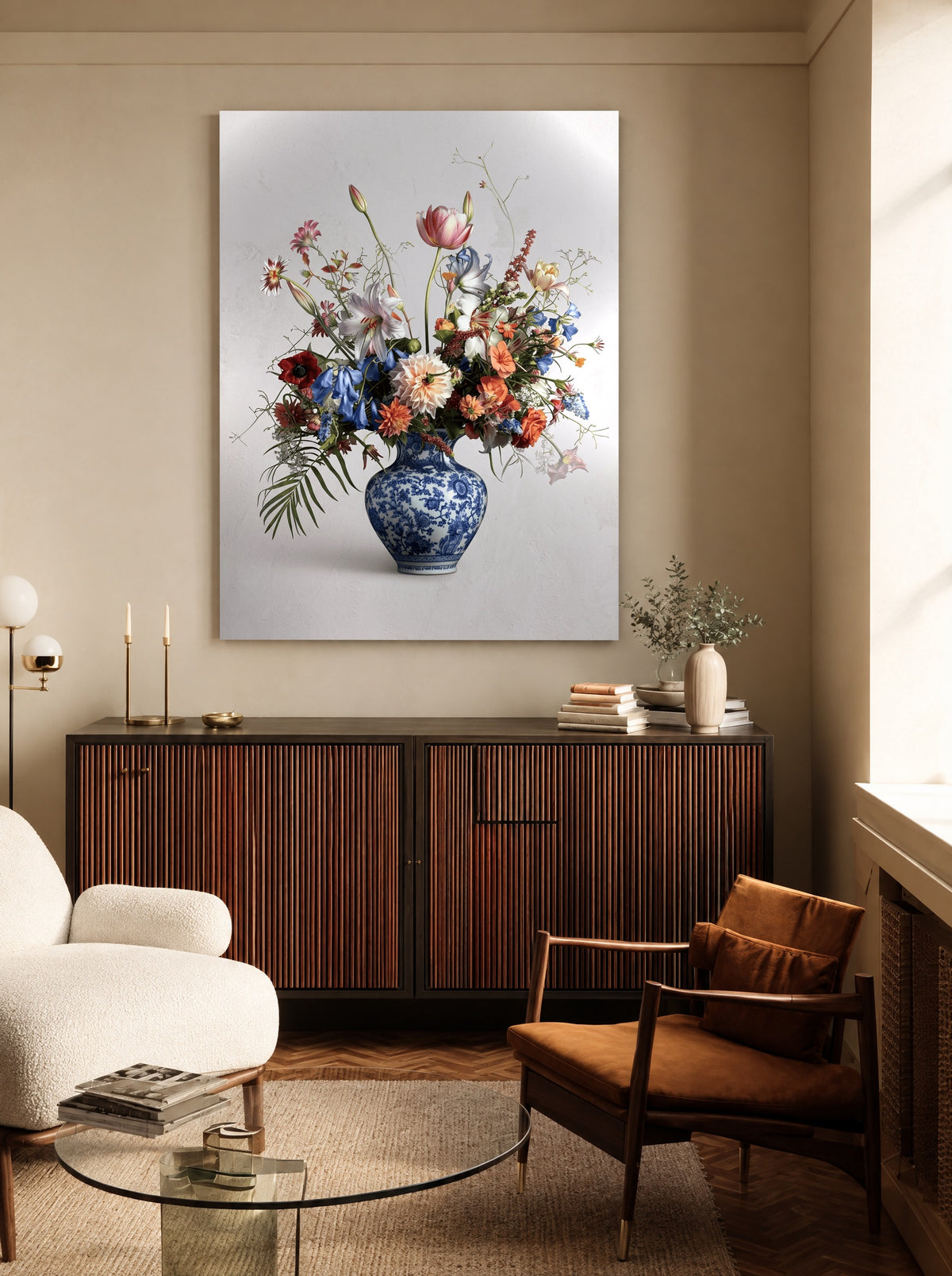 Bloemenchaos in Delfts Blauw als canvas zonder lijst aan de muur