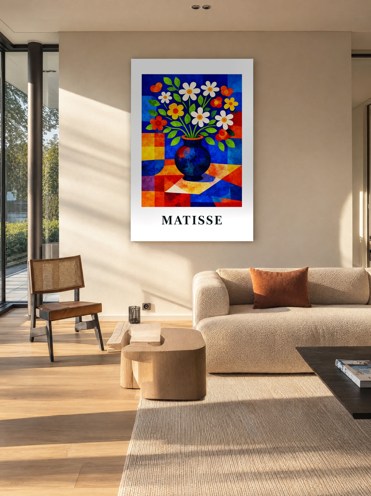 Bloemenfeest in Blauwe Vaas als canvas zonder lijst aan de muur