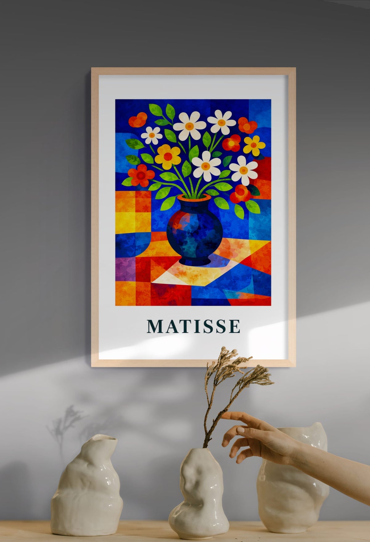 Blumenfest in blauer Vase – Wandbild auf Leinwand, Aluminium oder Poster