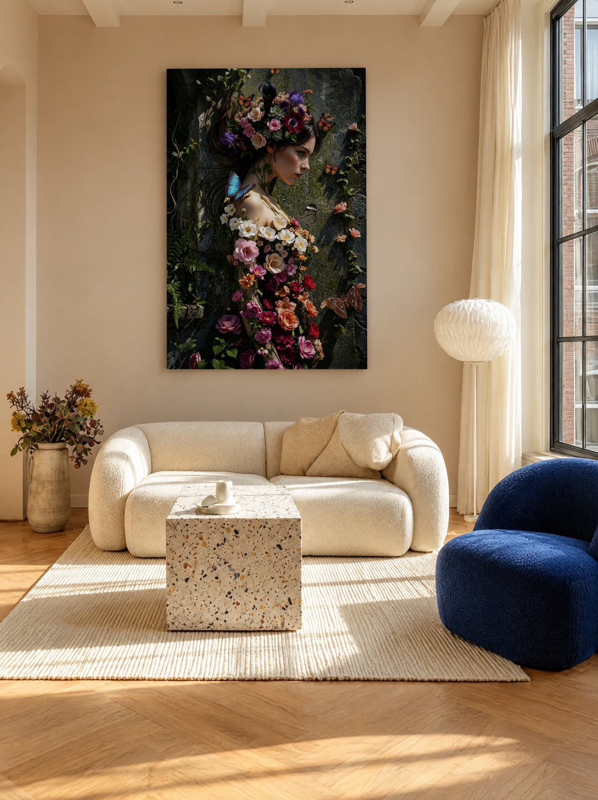Bloemenfluisteraar van de Schaduw als canvas zonder lijst aan de muur