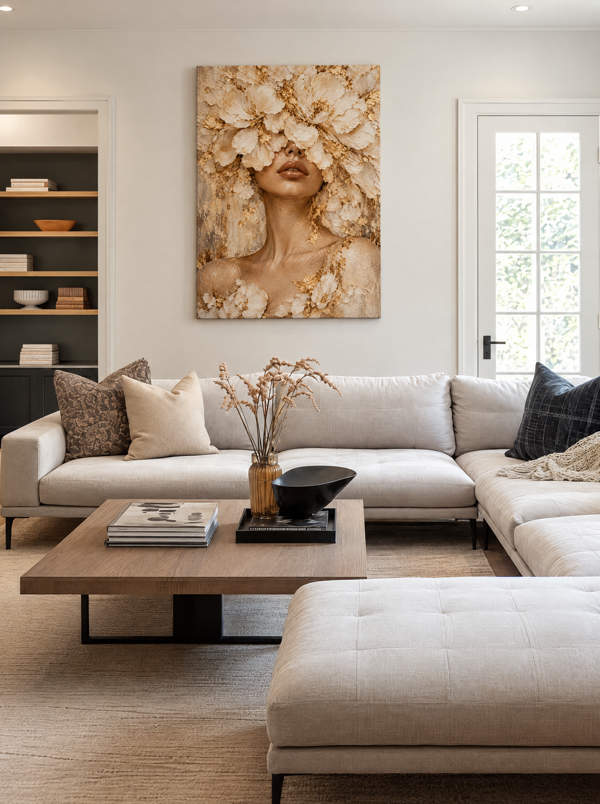 Bloemenhoofd met Bladgoud als canvas zonder lijst aan de muur