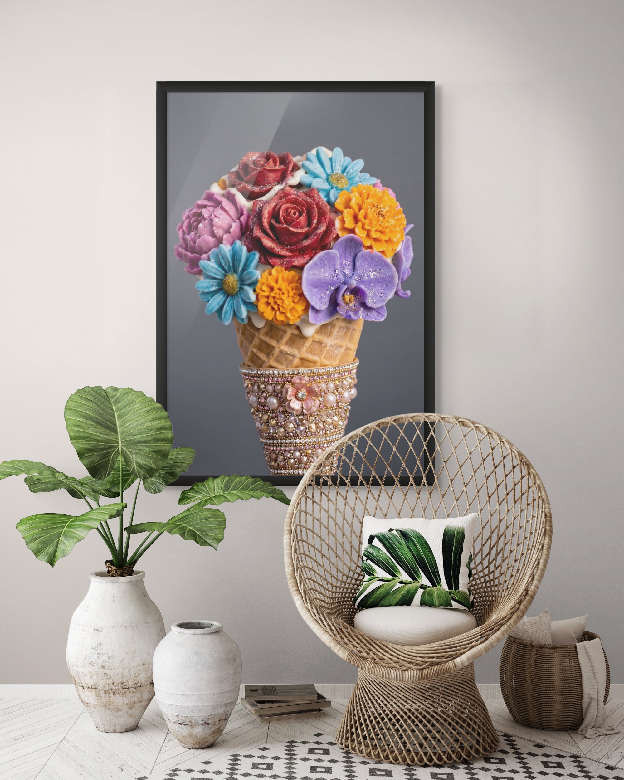 Bloemenijs met Bling Twist Wanddecoratie – Kleurrijk Pop Art Canvas Print