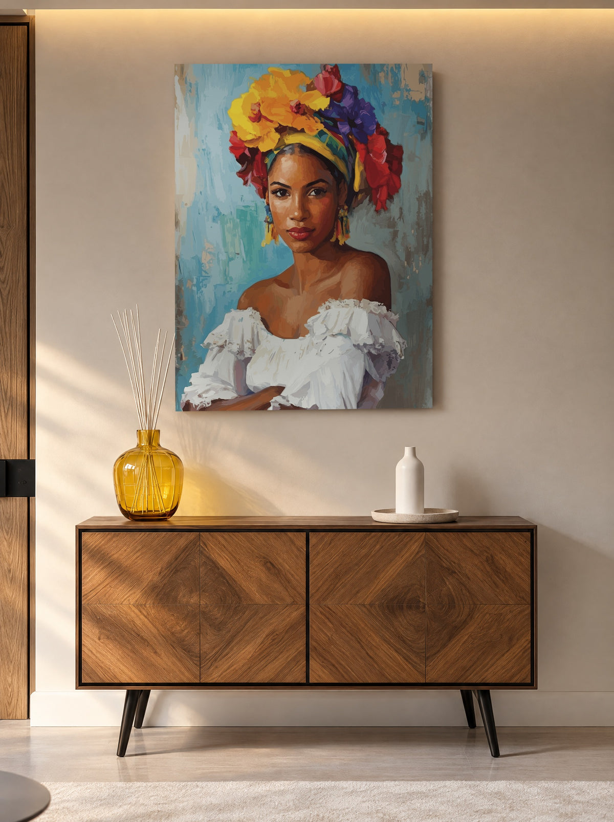 Bloemenkroon van Havana als canvas zonder lijst aan de muur