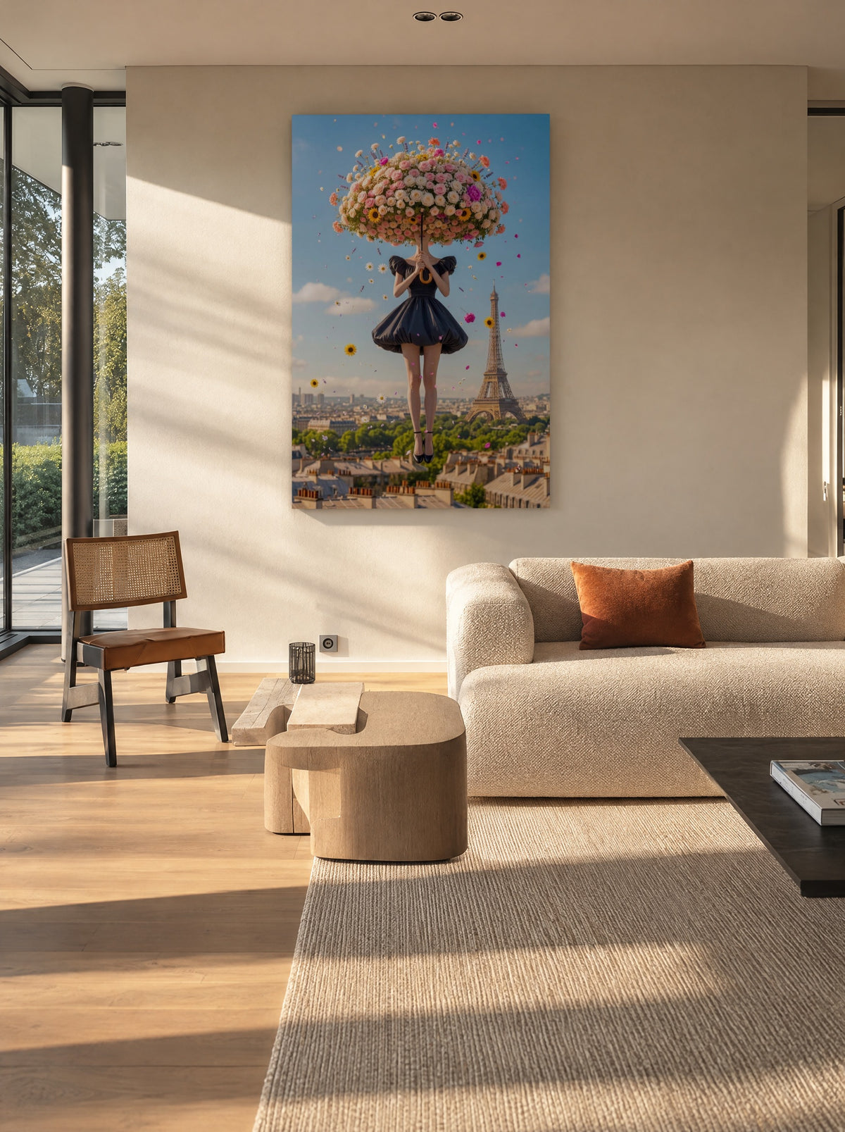 Bloemenparaplu boven Parijs als canvas zonder lijst aan de muur