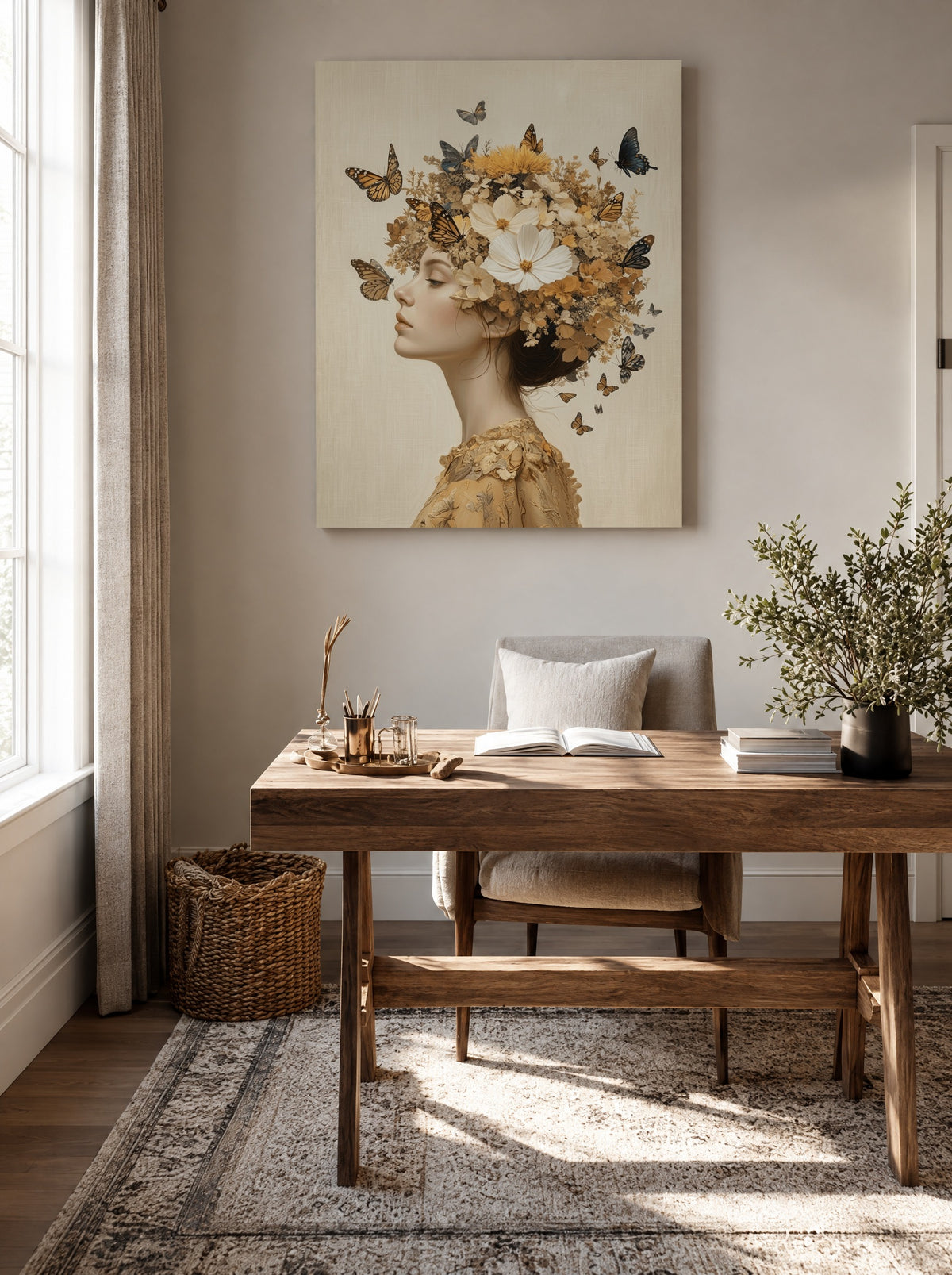 Bloemenstilte in Vlindervlucht als canvas zonder lijst aan de muur
