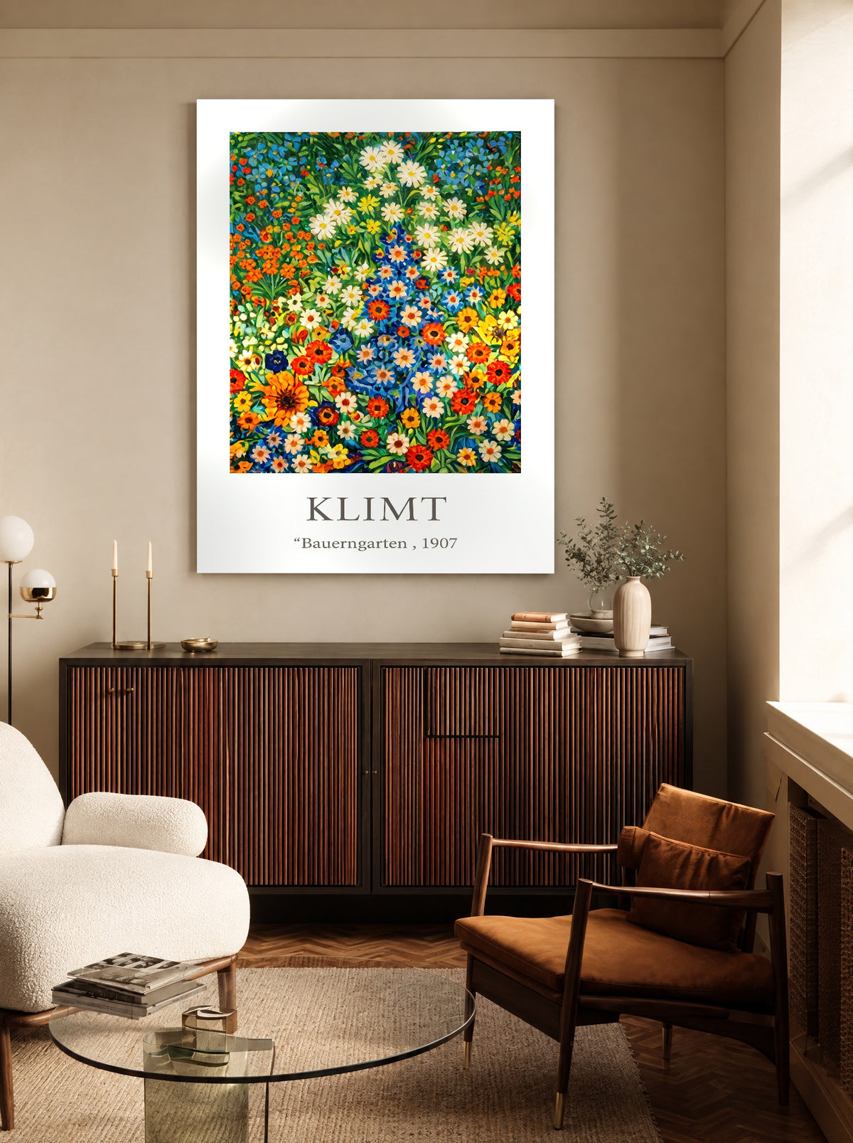 Bloementapijt vol Zomerpret als canvas zonder lijst aan de muur