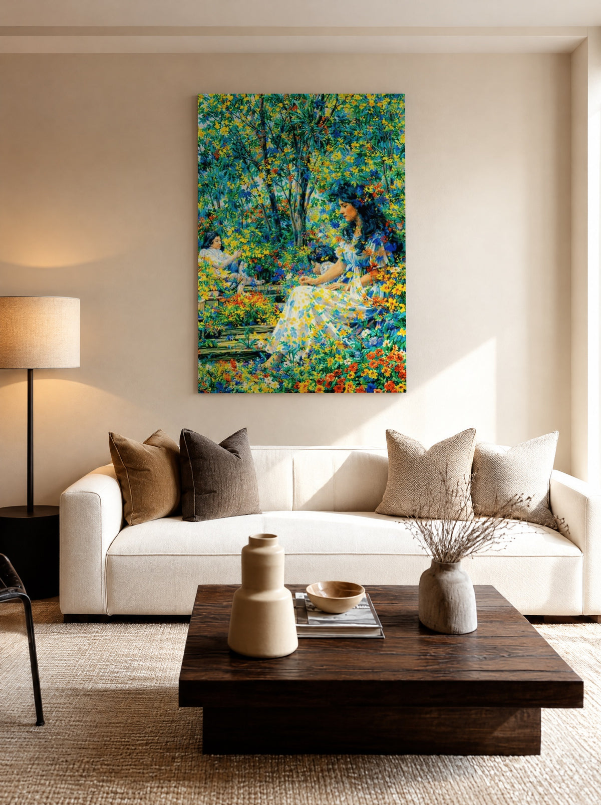 Bloementuin in Zomerlicht als canvas zonder lijst aan de muur