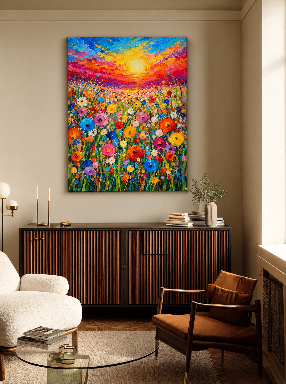 Bloemenzee onder Gloeiende Lucht als canvas zonder lijst aan de muur