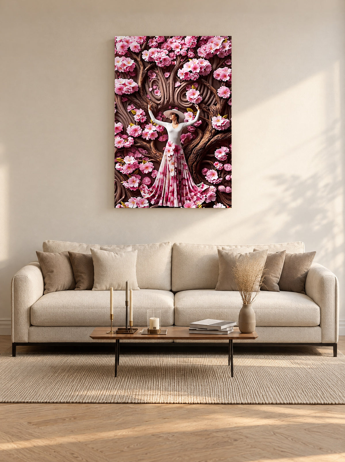 Bloesemdans onder Roze Takken als canvas zonder lijst aan de muur