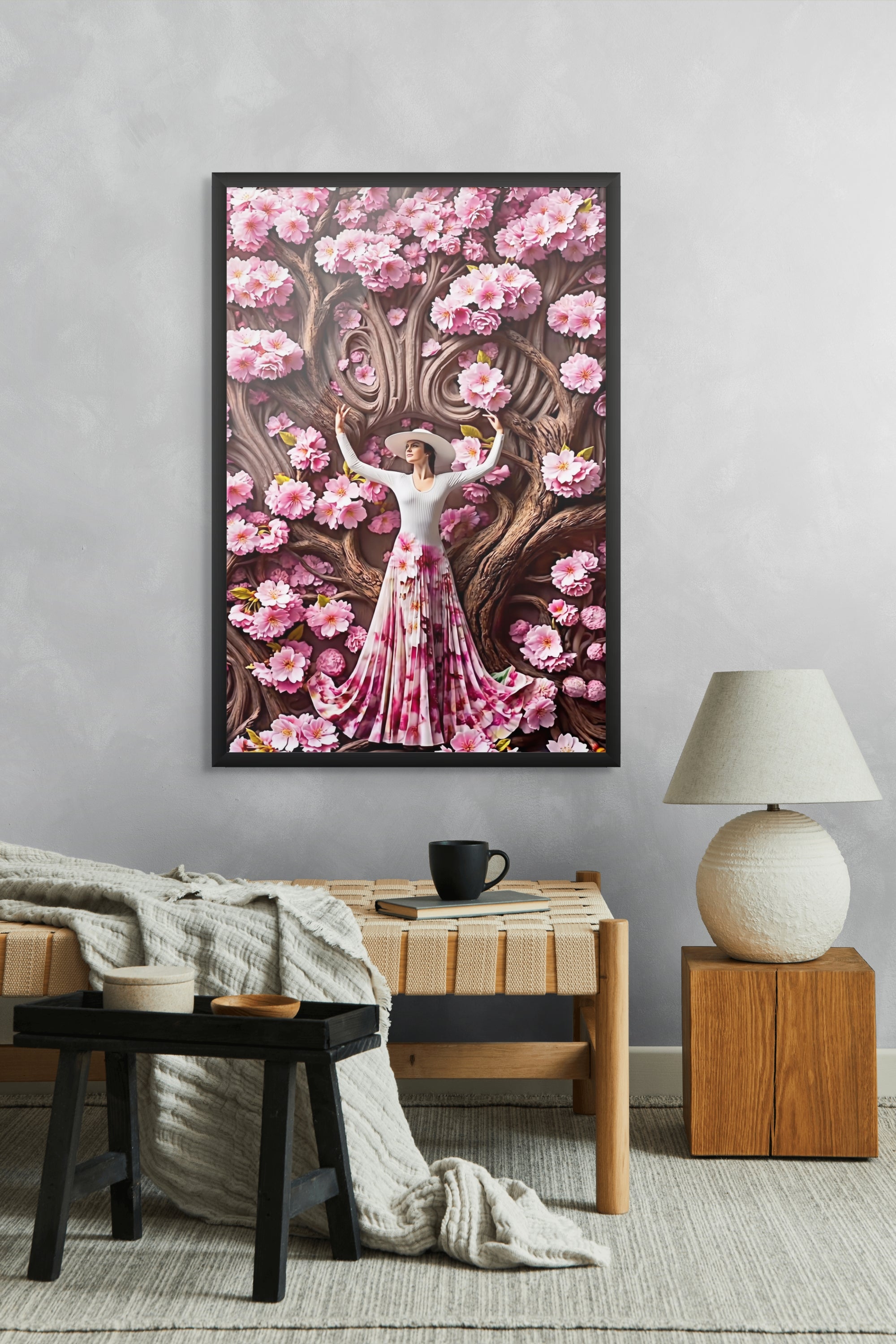 Blütentanz unter rosa Zweigen – Wandbild auf Leinwand, Aluminium oder Poster