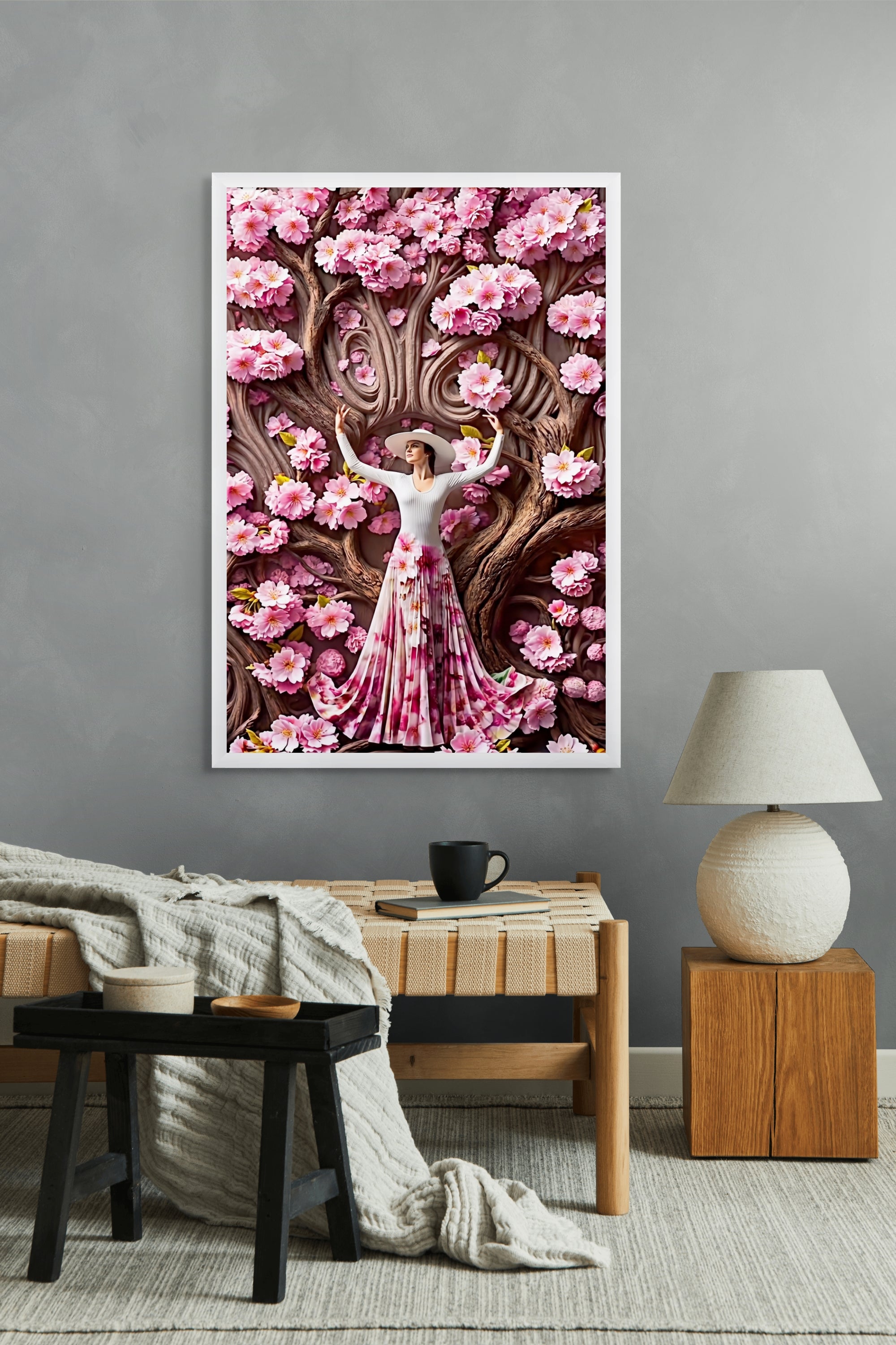 Blütentanz unter rosa Zweigen – Wandbild auf Leinwand, Aluminium oder Poster