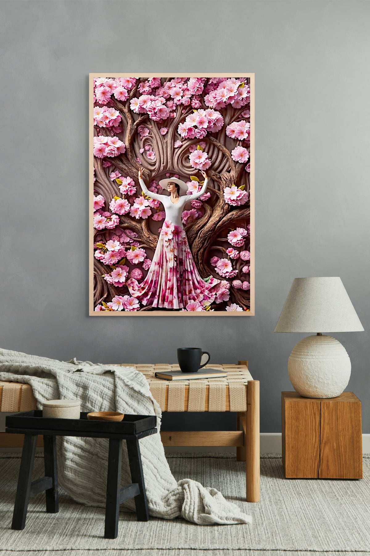 Bloesemdans onder Roze Takken Wanddecoratie | ArtifyCanvas