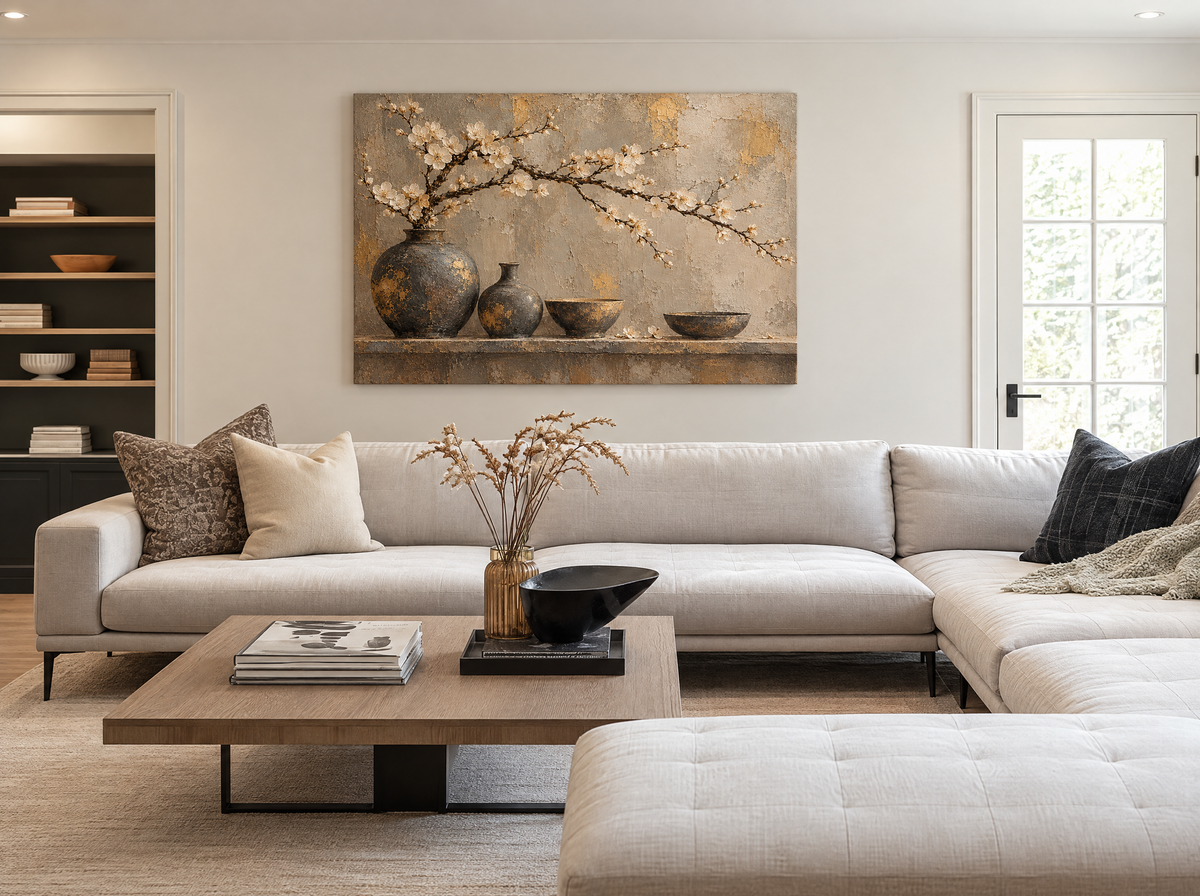 Bloesemstilleven op Houten Plank als canvas zonder lijst aan de muur