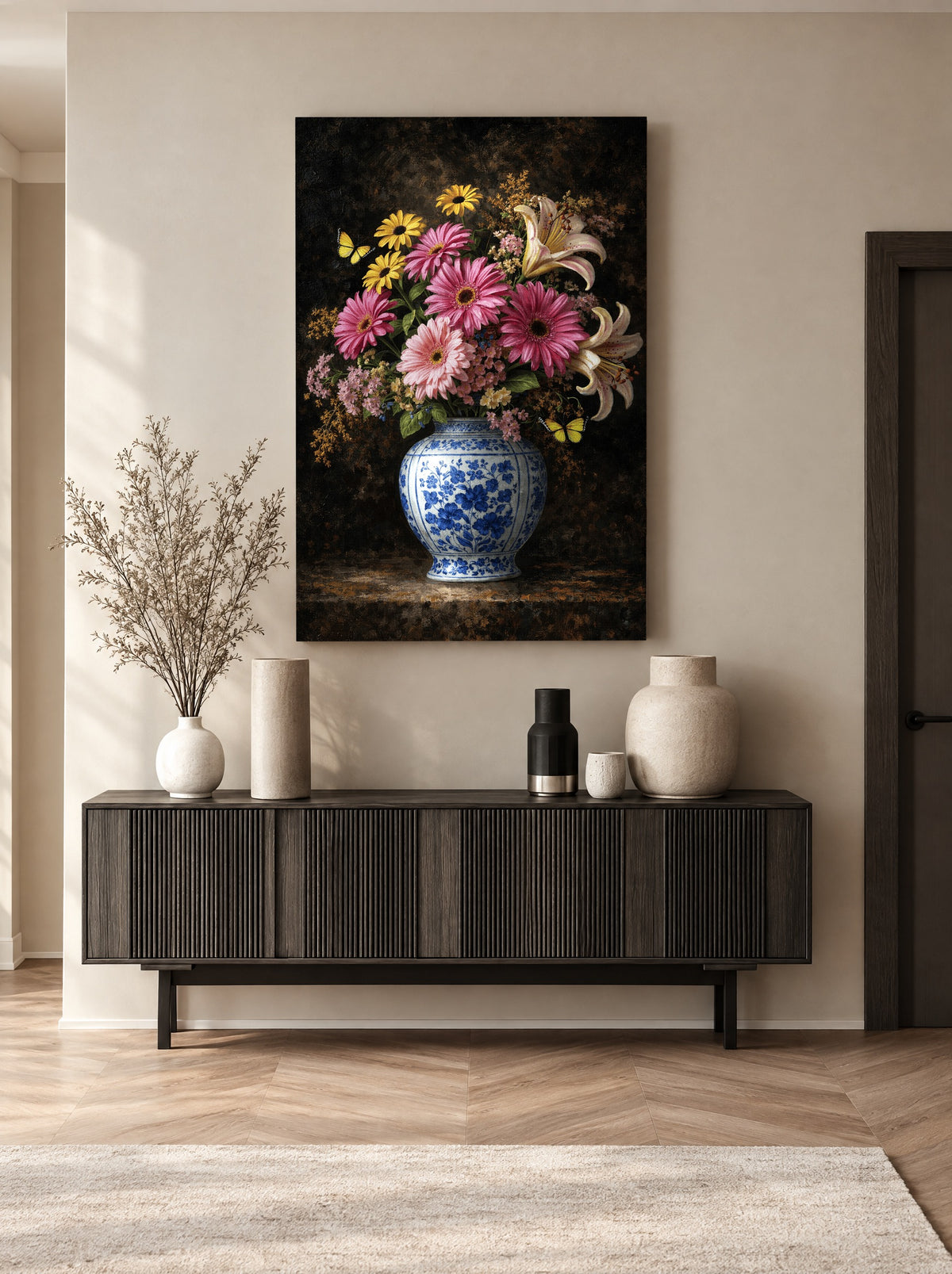 Blooming Elegance in Delfts Blauw als canvas zonder lijst aan de muur