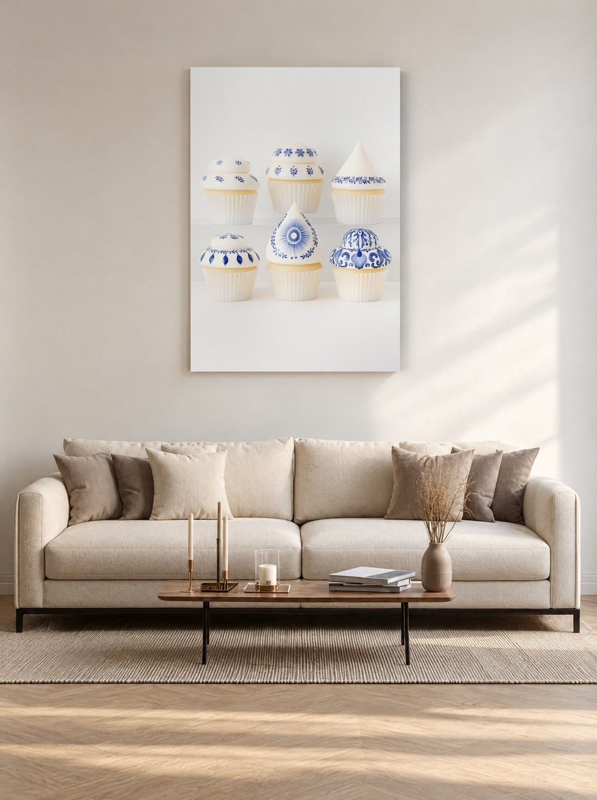 Blue Porcelain Cupcake Collection als canvas zonder lijst aan de muur