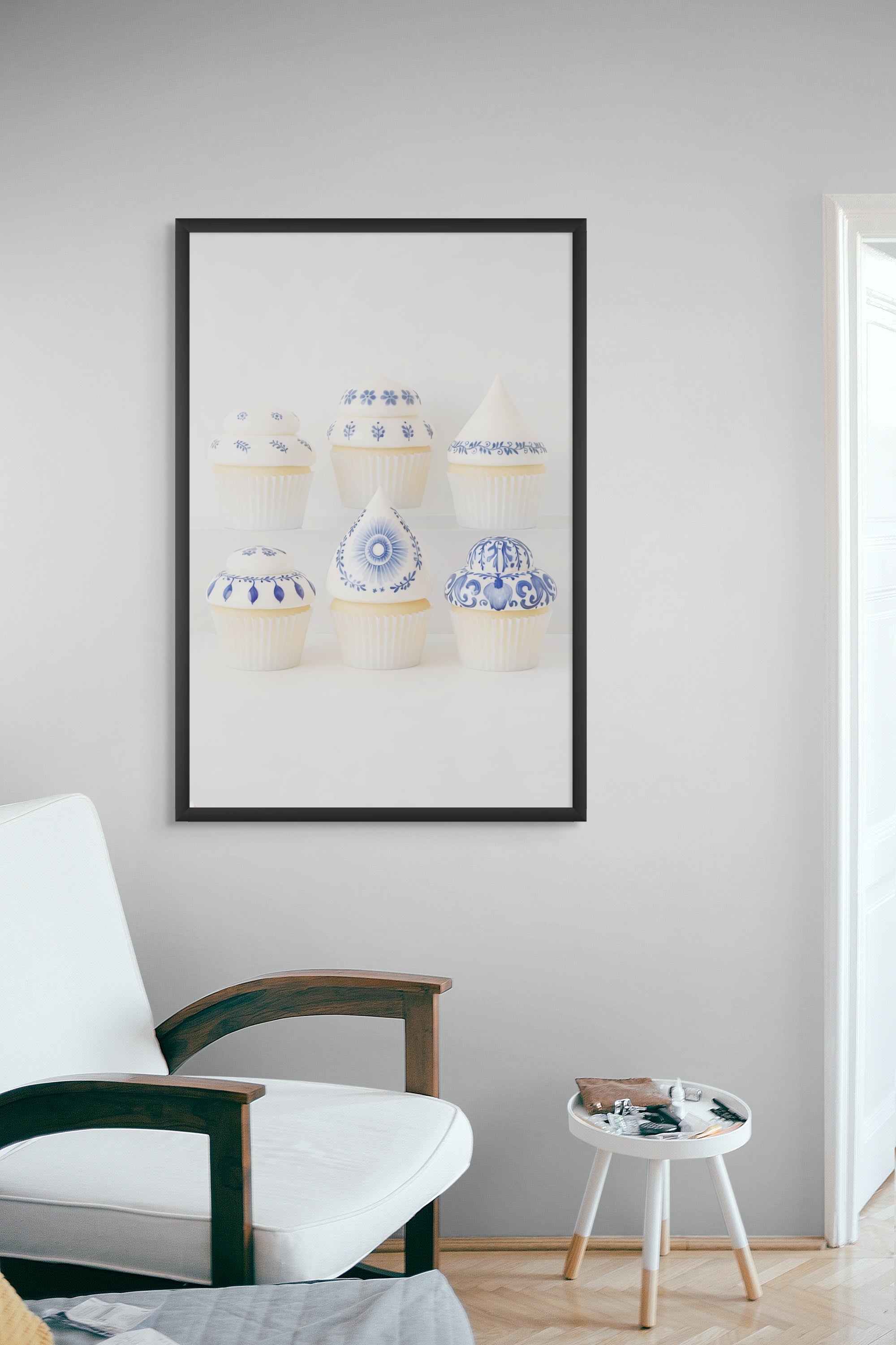 Blauw Porseleinen Cupcake Collectie Wanddecoratie – Sierlijke Keuken Canvas Print