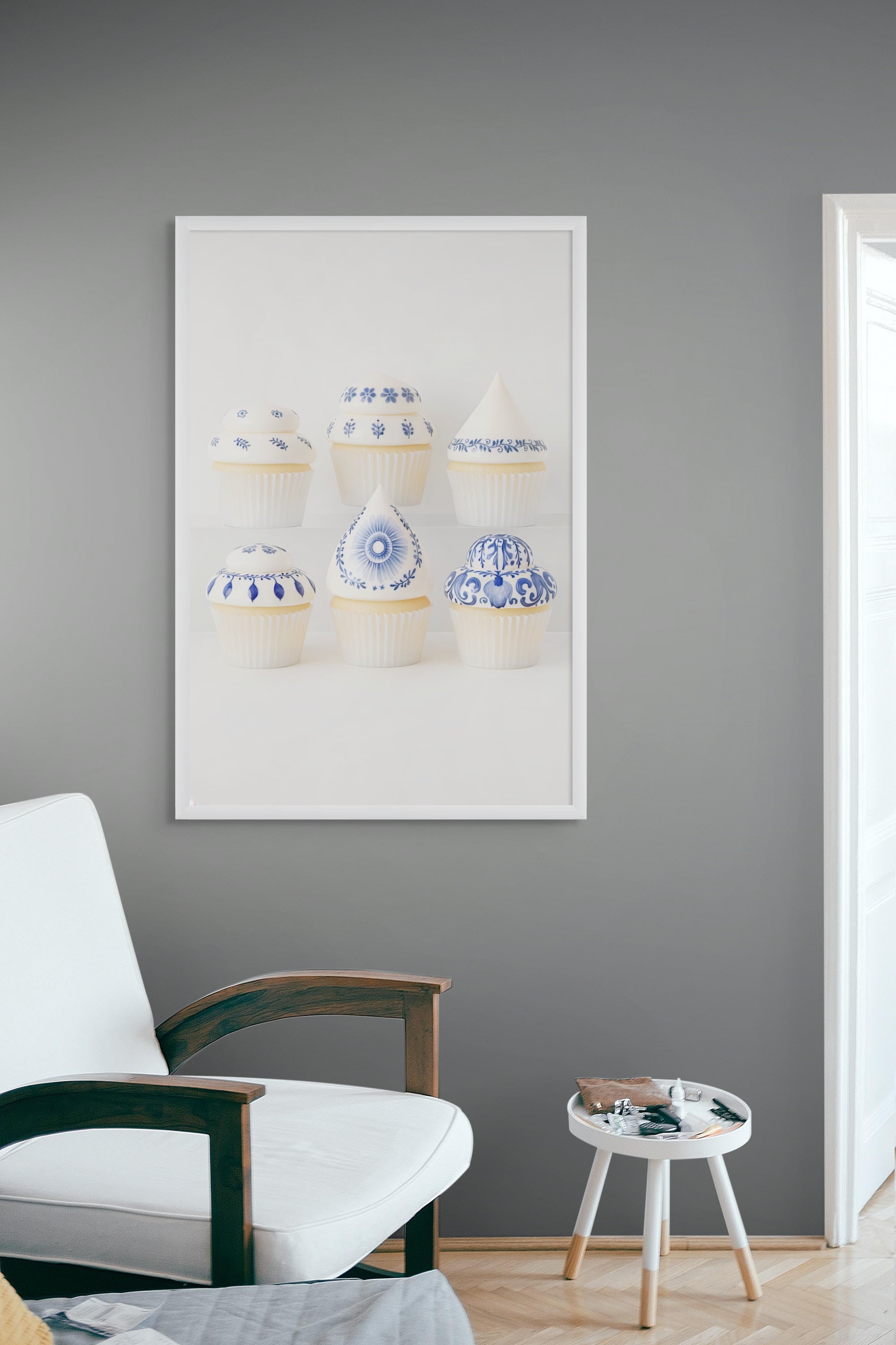 Blauw Porseleinen Cupcake Collectie Wanddecoratie – Sierlijke Keuken Canvas Print