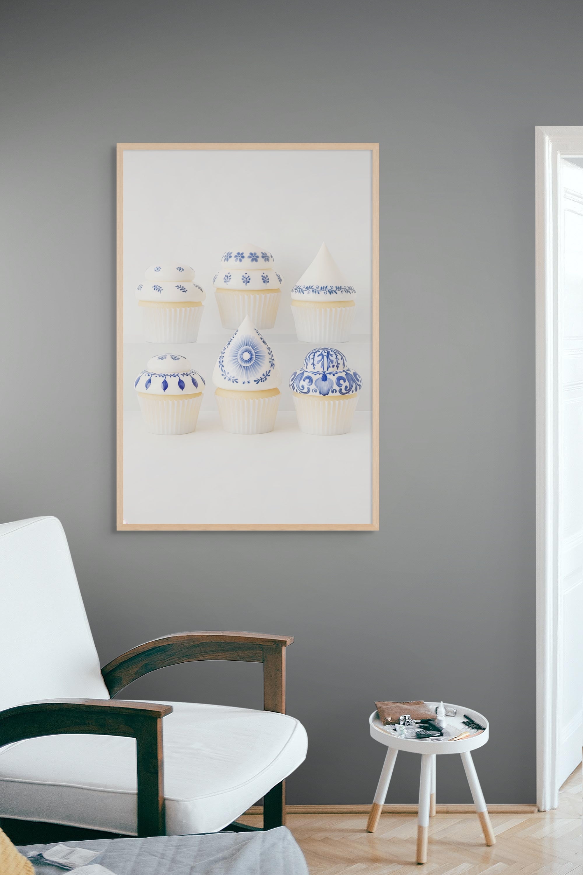 Blauw Porseleinen Cupcake Collectie Wanddecoratie – Sierlijke Keuken Canvas Print