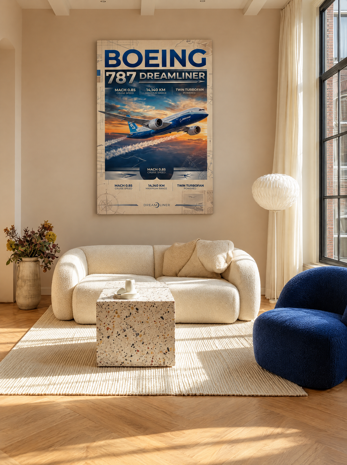 Boeing 787 Dreamliner als canvas zonder lijst aan de muur