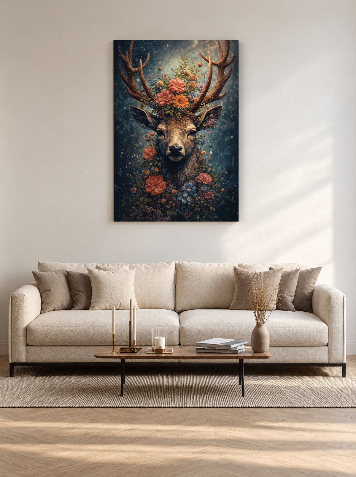 Bosgeest met Bloemenkroon als canvas zonder lijst aan de muur