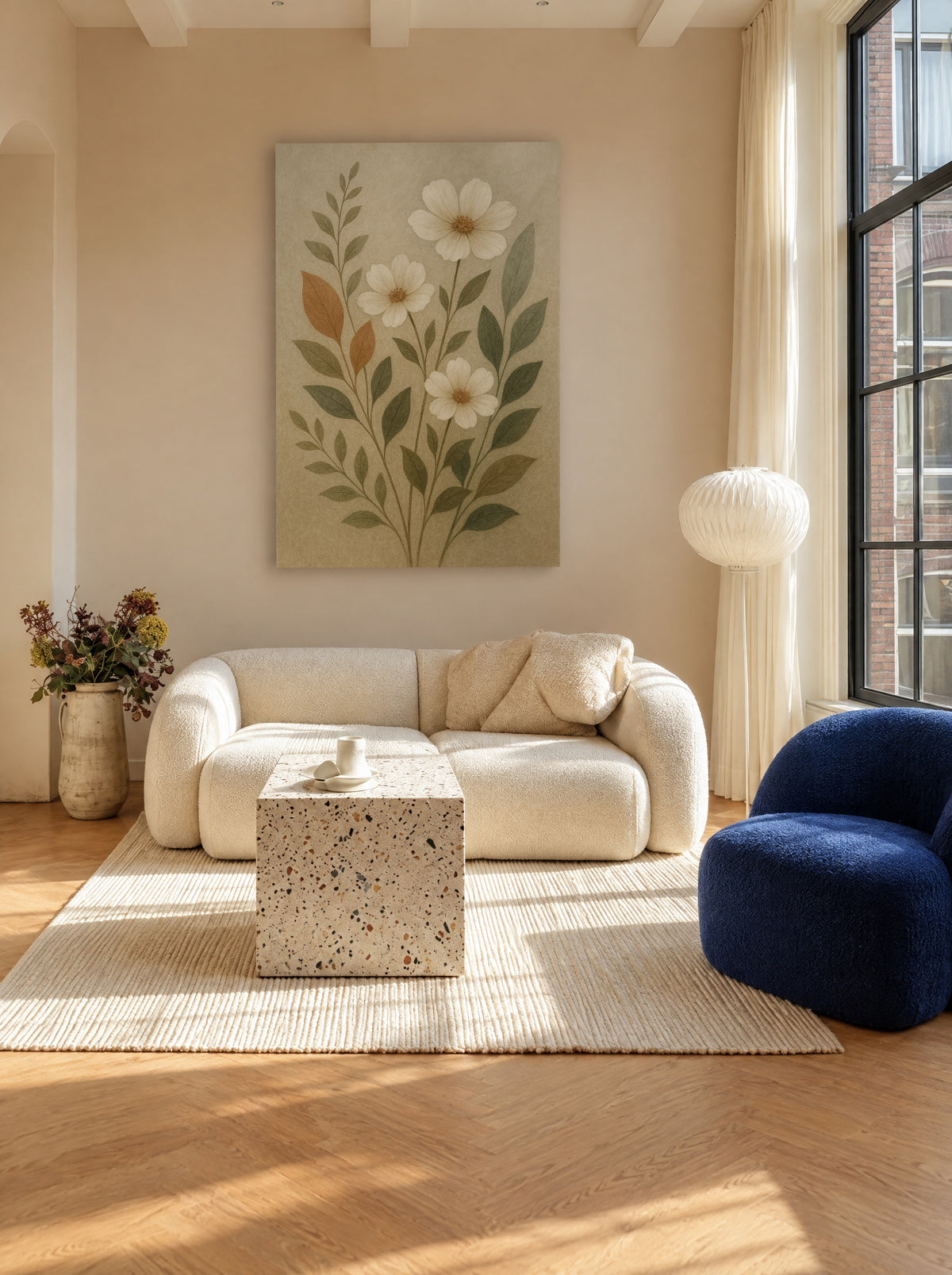 Botanische Bloemen in Aardetinten als canvas zonder lijst aan de muur