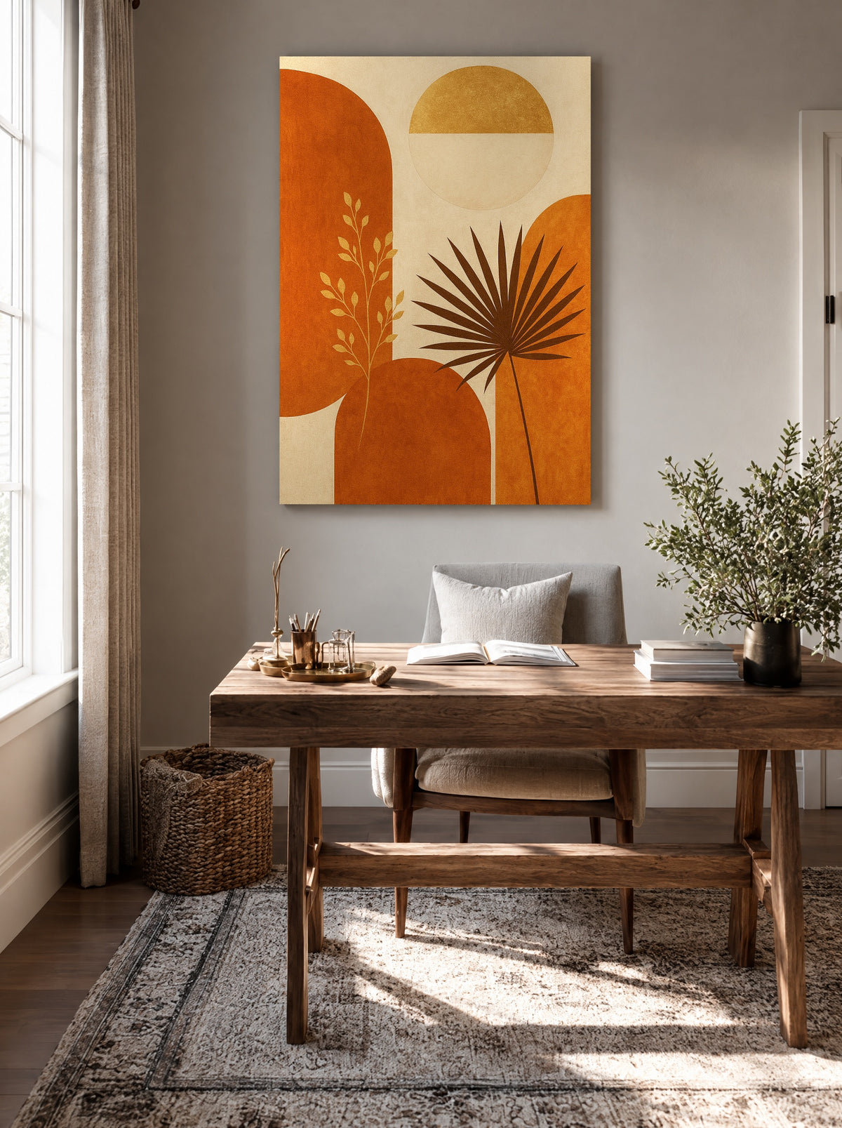 Botanische Bogen in Terracotta als canvas zonder lijst aan de muur