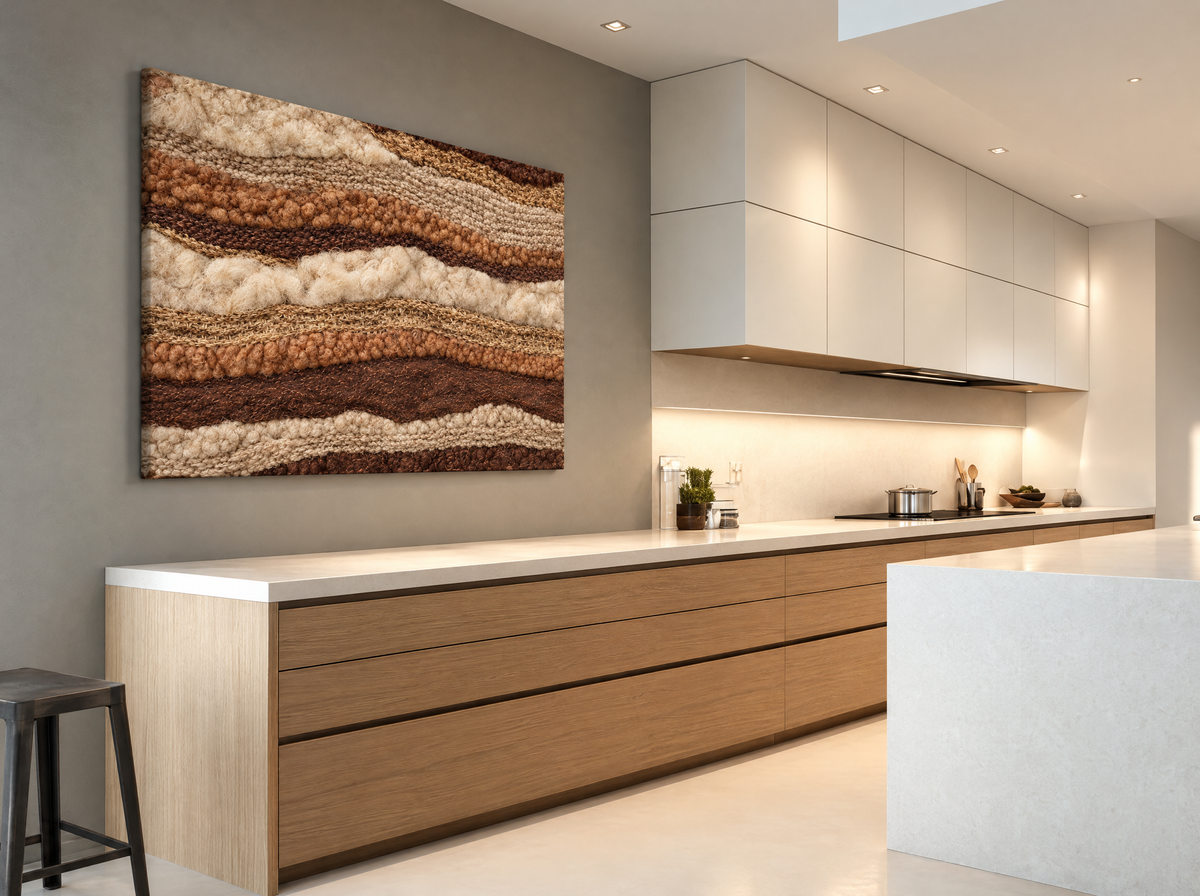 Bouclé Weefsel in Camel en Ecru als canvas zonder lijst aan de muur