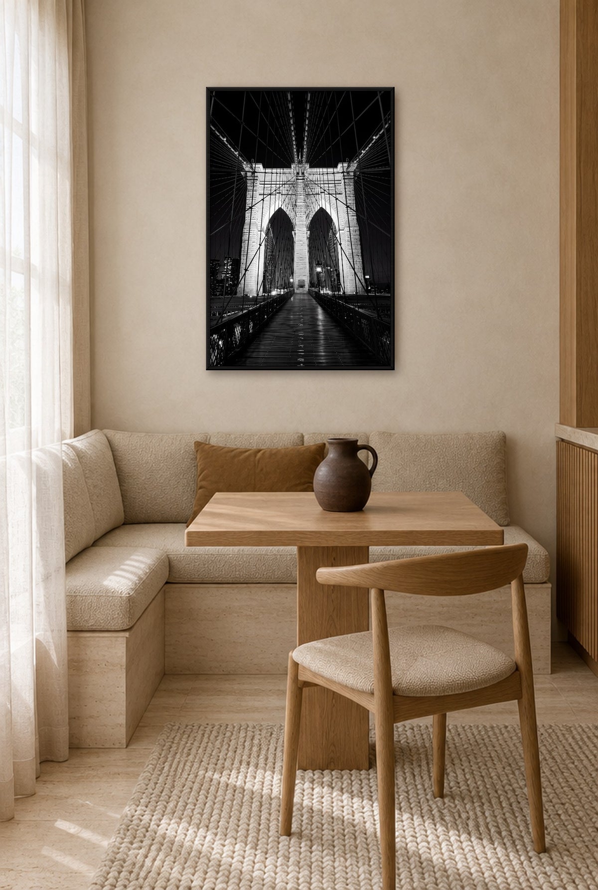 Brooklyn Bridge in Zwart-Wit Wandbild mit schwarzem Rahmen an der Wand in der Küche
