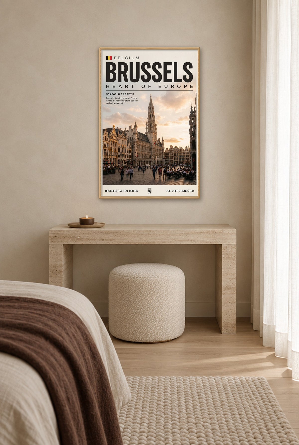 Brussel Hart van Europa Wandbild mit Naturholzrahmen an der Wand im Schlafzimmer