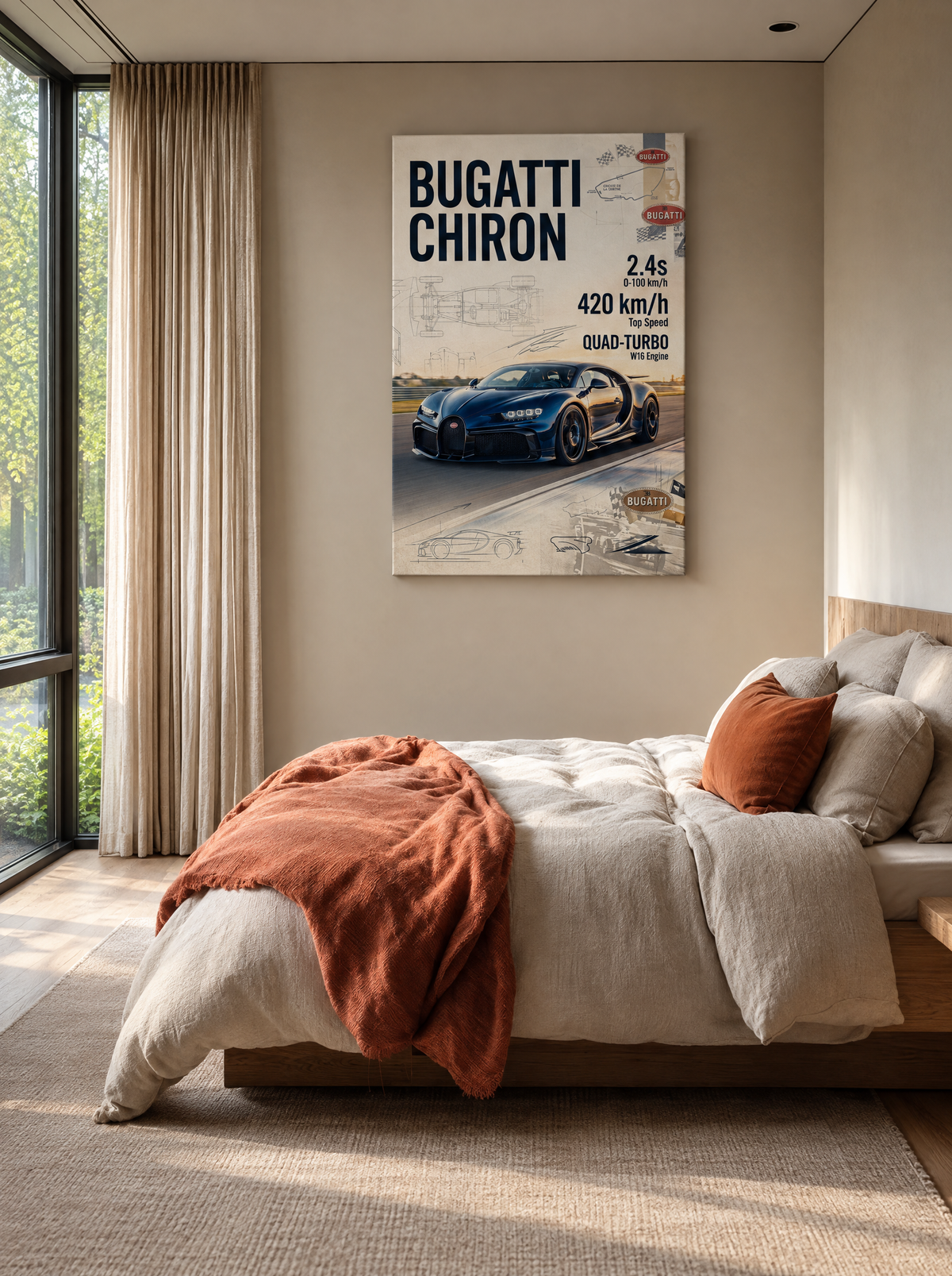 Bugatti Chiron als canvas zonder lijst aan de muur