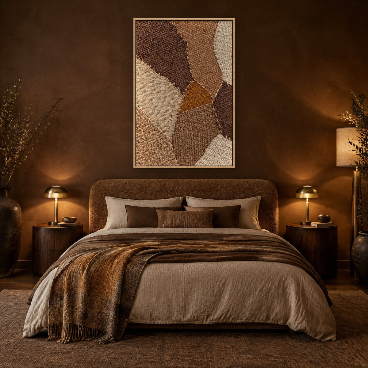 Jute-Patchwork in Camel und Ecru Wandbild mit Naturholzrahmen an der Wand im Schlafzimmer