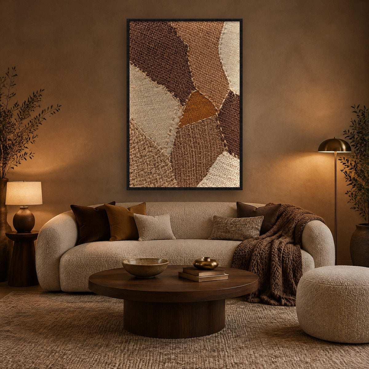 Jute-Patchwork in Camel und Ecru Wandbild mit schwarzem Rahmen an der Wand im Wohnzimmer