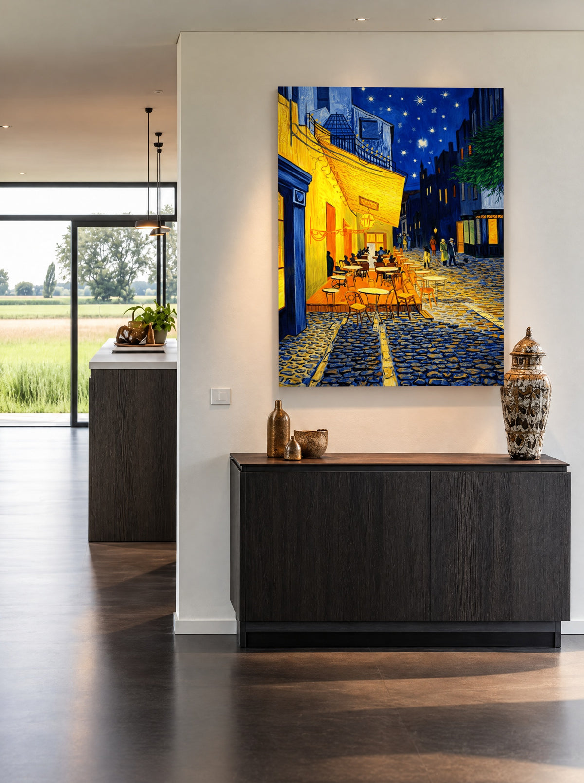 Caféterras bij Nacht als canvas zonder lijst aan de muur
