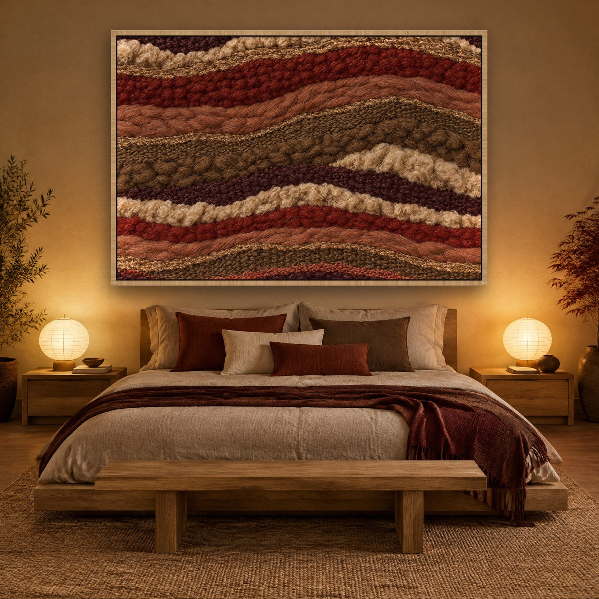 Canyon Weave in Brick and Terracotta wall art with natural wood frame on the wall in the bedroom
