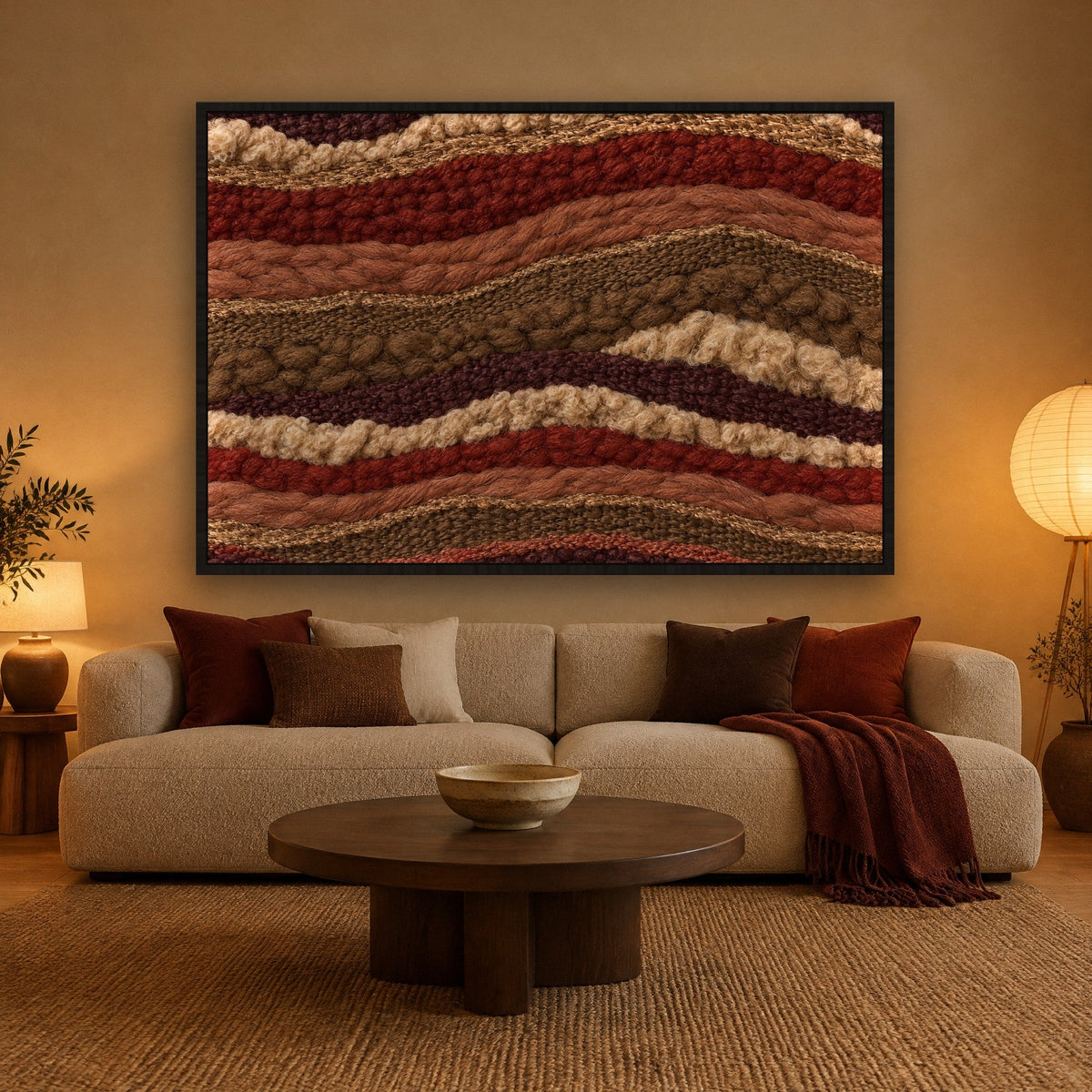 Canyon Weave in Brick and Terracotta wall art with black frame on the wall in the living room