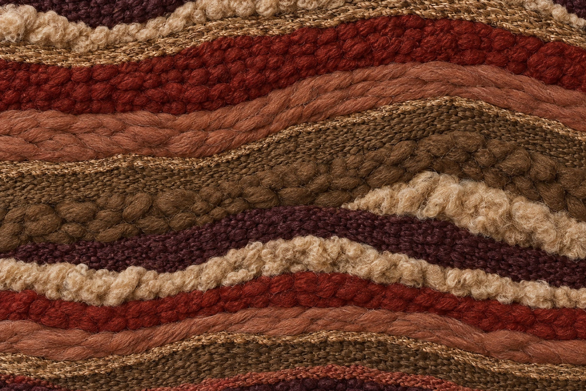 Weave with undulating bands of wool in aubergine, brick red, terracotta, olive brown and sand