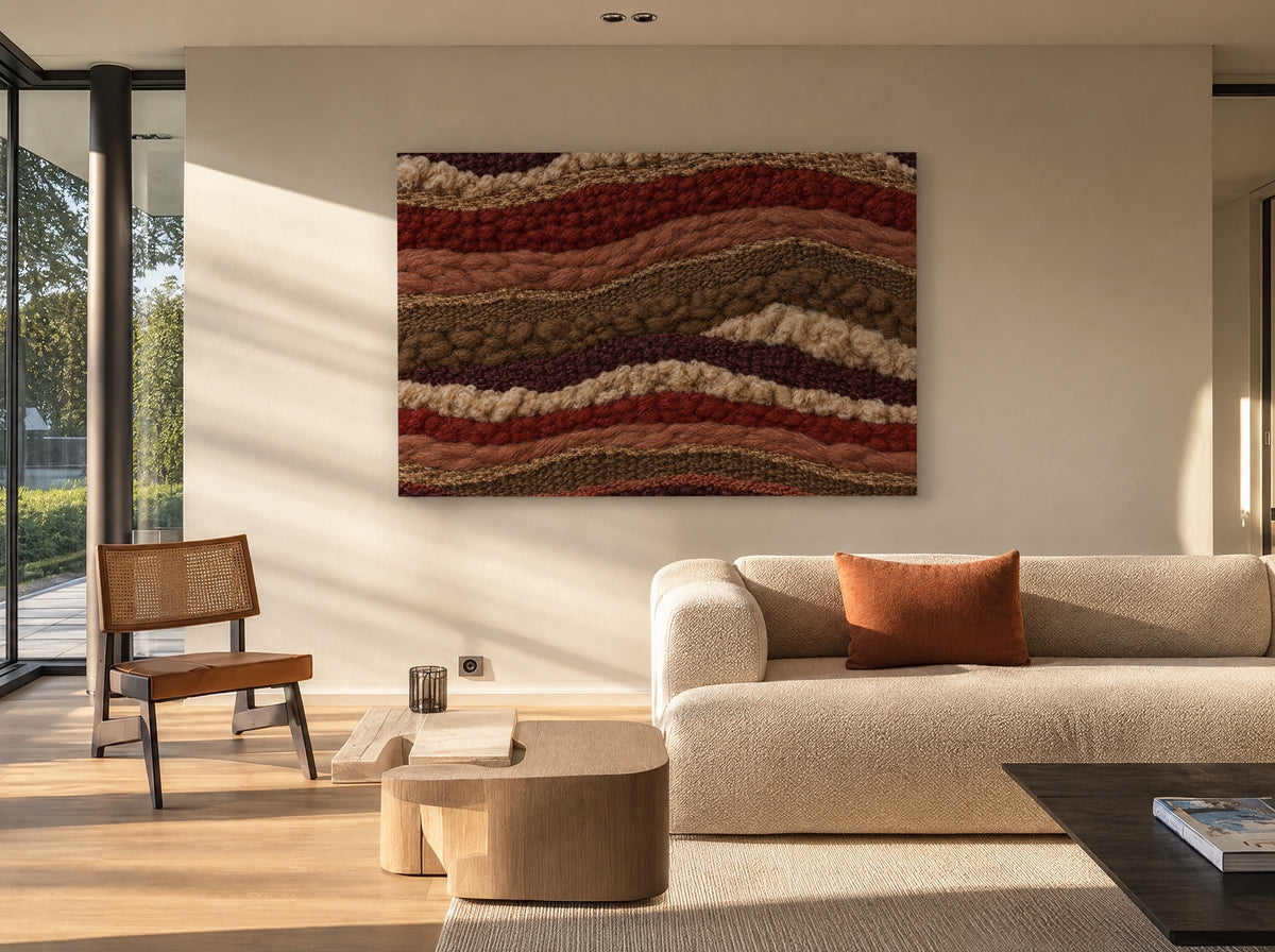 Canyonweefsel in Baksteen en Terracotta als canvas zonder lijst aan de muur