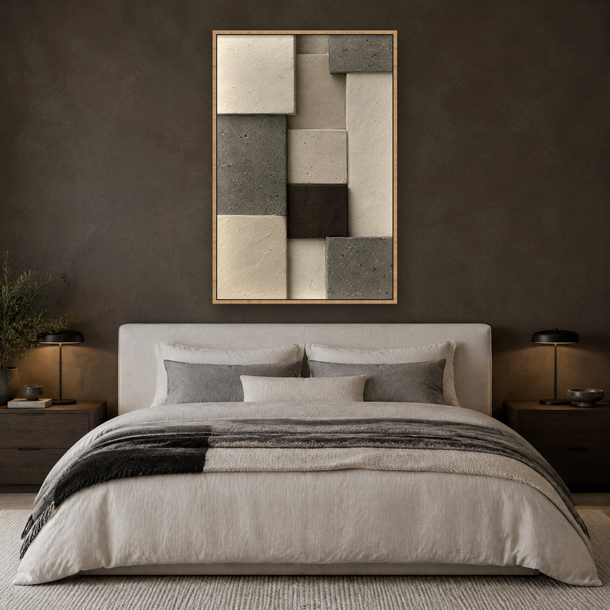 Cast Plaster in Staggered Blocks wall art with natural wood frame on the wall in the bedroom