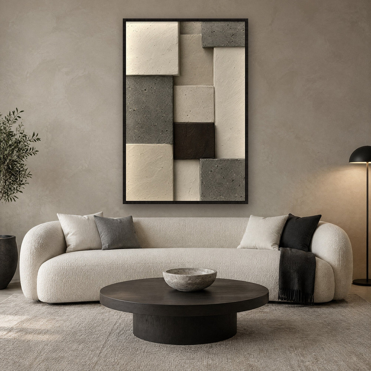 Cast Plaster in Staggered Blocks wall art with black frame on the wall in the living room