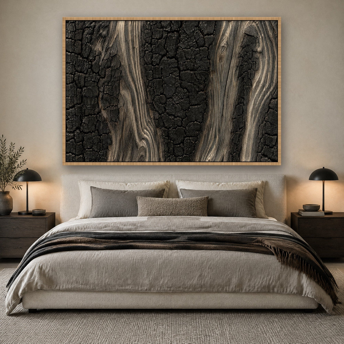 Verkoold Hout met Zilvergrijze Nerf Schilderij met natuur houten lijst aan de muur in de slaapkamer