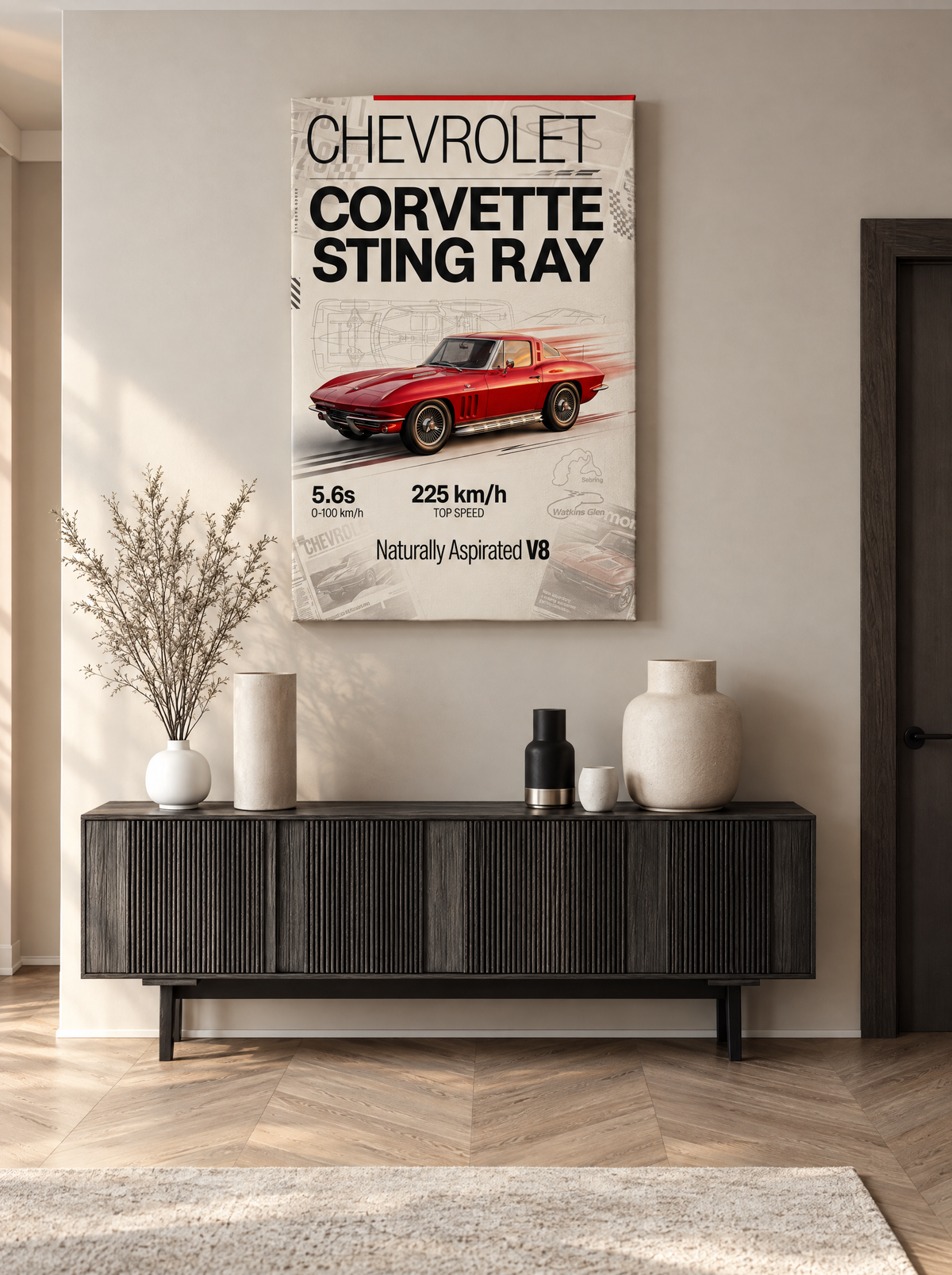 Chevrolet Corvette C2 Sting Ray als canvas zonder lijst aan de muur