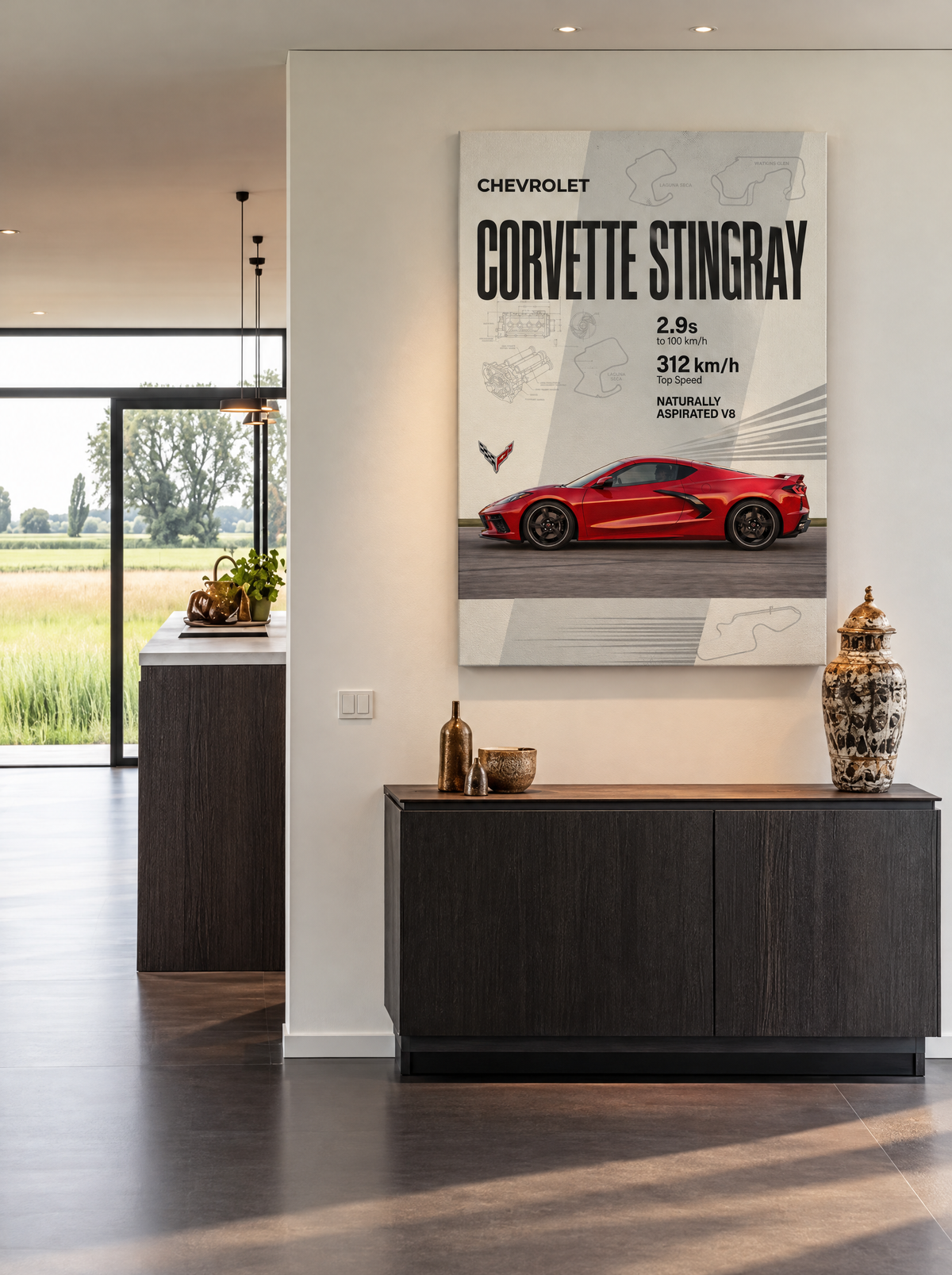 Chevrolet Corvette Stingray als canvas zonder lijst aan de muur