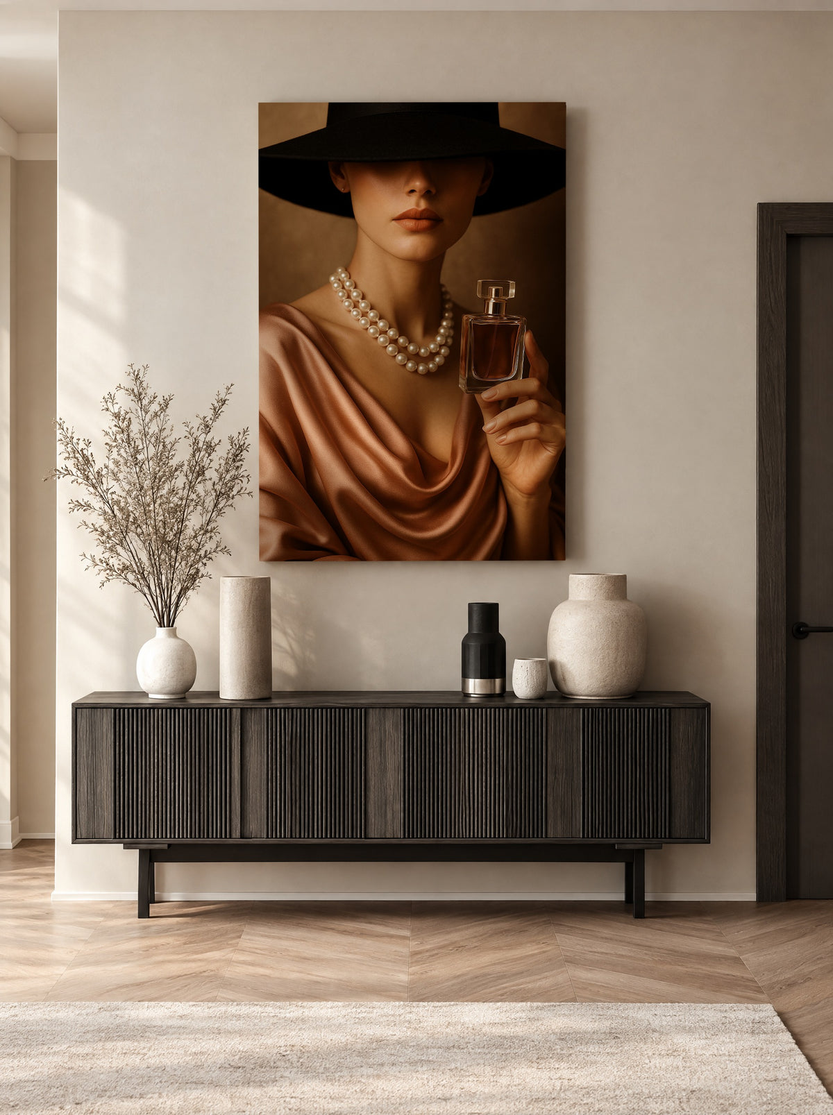 Chic Fashion Stilleven met Parels en Zijde als canvas zonder lijst aan de muur
