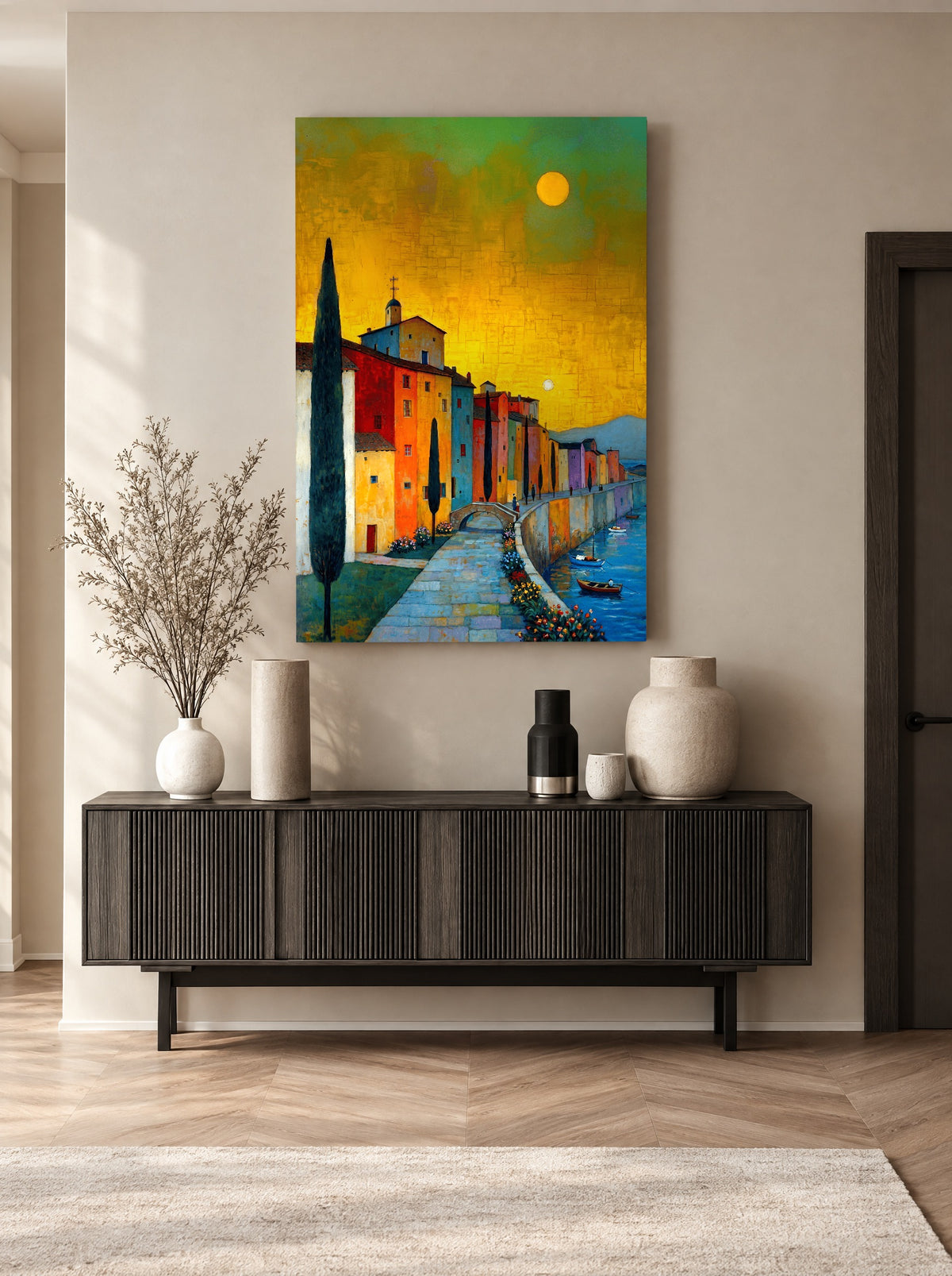 Citroenlucht aan de Kade als canvas zonder lijst aan de muur
