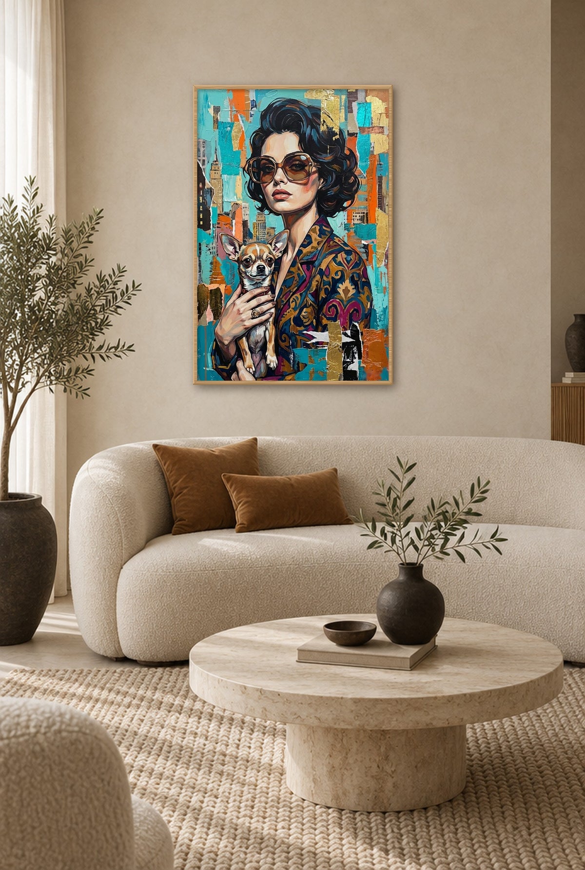 City Chic met Chihuahua Schilderij met natuur houten lijst aan de muur in de woonkamer