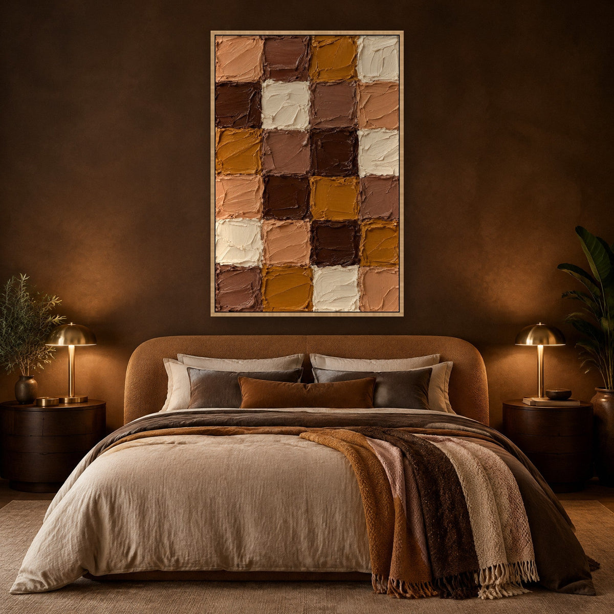 Kleiraster in Mokka en Caramel Schilderij met natuur houten lijst aan de muur in de slaapkamer