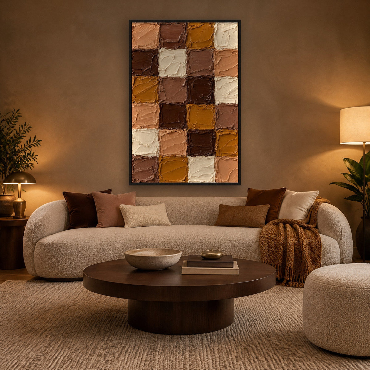 Kleiraster in Mokka en Caramel Schilderij met zwarte lijst aan de muur in de woonkamer