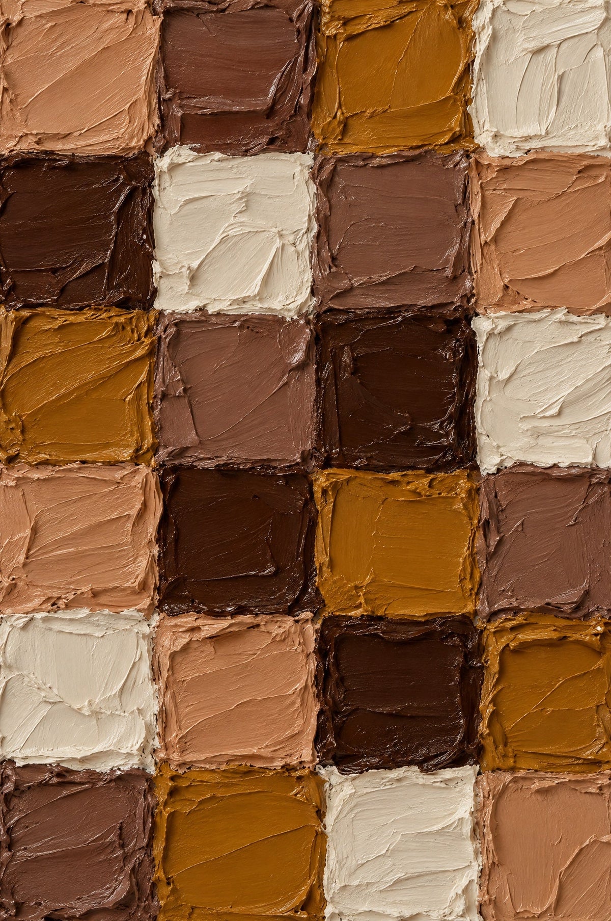 Raster van dik geschilderde vierkanten in chocolade, mokka, oker, caramel en crème